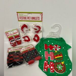 HOLIDAYS DOG BUNDLE, LEG WARMERS, JINGLE BELL SANTA ANKLETS & OUTFIT (HO HO HO)